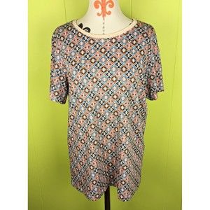 Lands End Women L Supima Cotton Aztec Print Short Sleeve Tee Top Relaxed Fit EUC